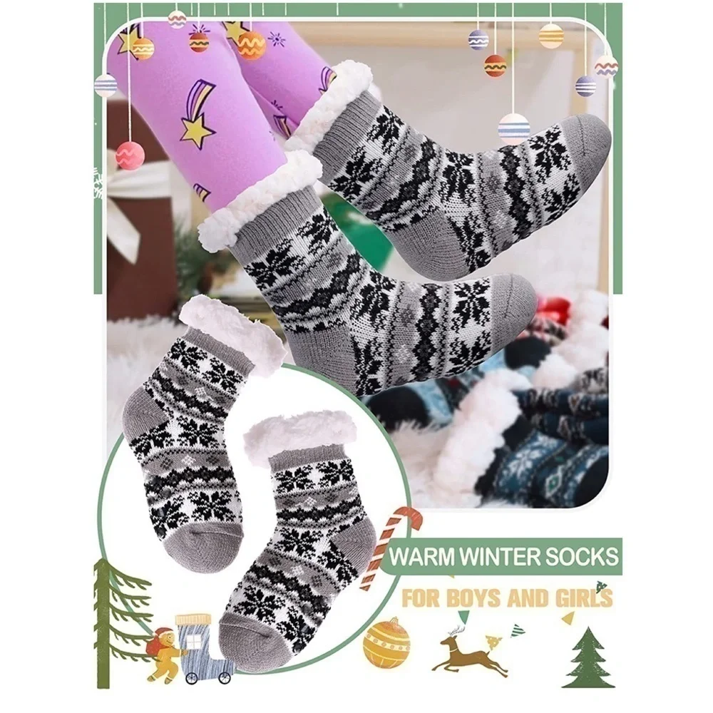 Redstar Unisex Kids Slipper Socks Gray Black White Fair Isle Grippies Fuzzy